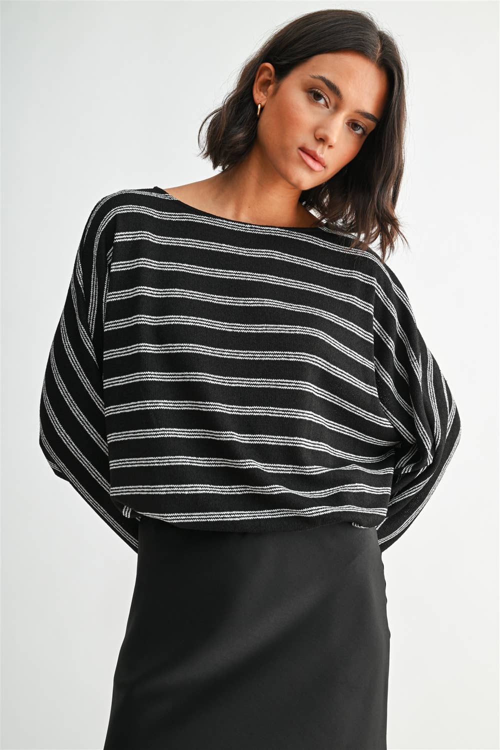 STRIPE DOLMAN LONG SLEEVE KNIT TOP