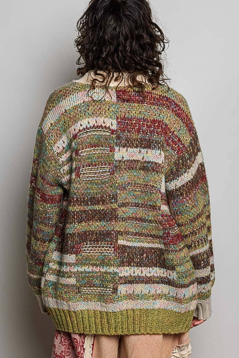 Long Sleeve Double Gauze Color Block Cardigan Sweater Top