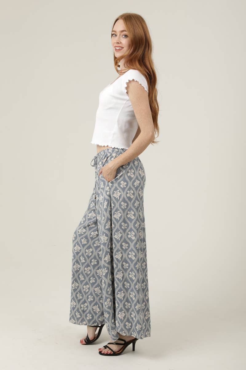 PRINTED WIDE LEG ELASTIC WAISTBAND PANTS
