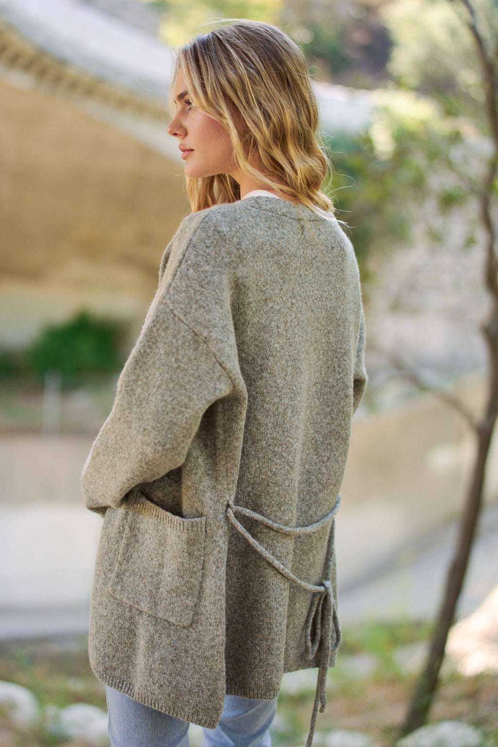 WAIST TIE OPEN-FRONT KNIT CARDIGAN