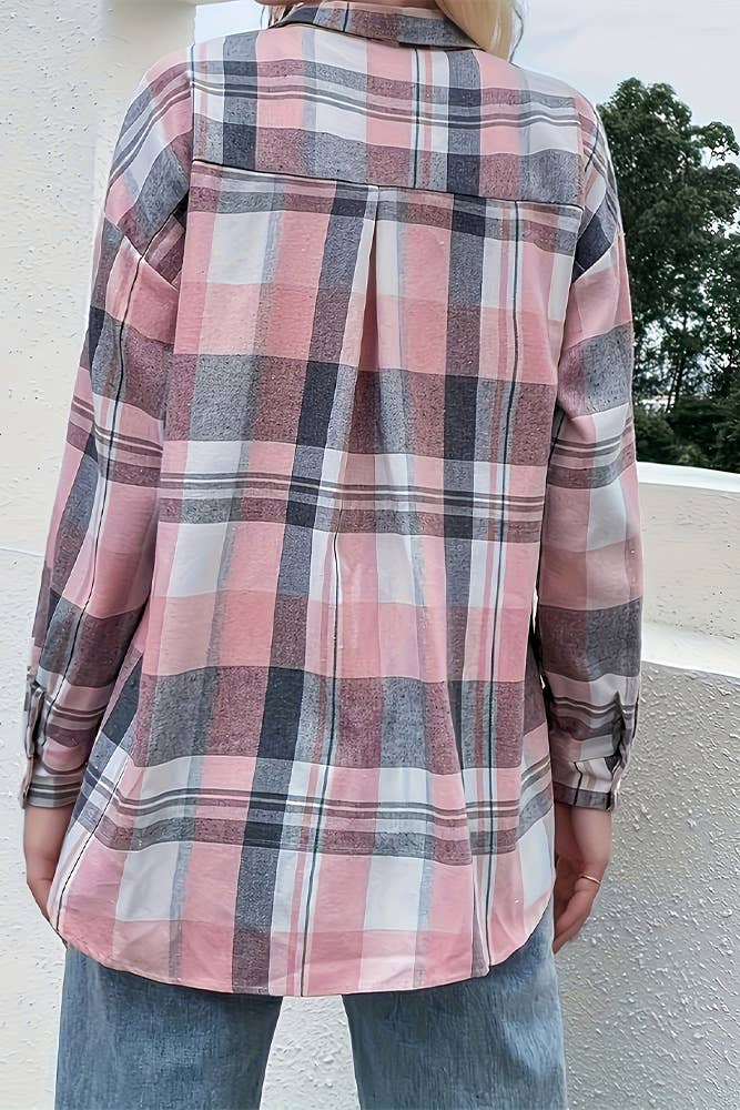 Pink Plaid Long Sleeves Button Up Shirt