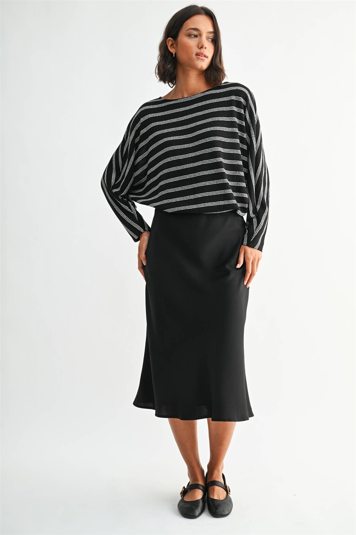 STRIPE DOLMAN LONG SLEEVE KNIT TOP