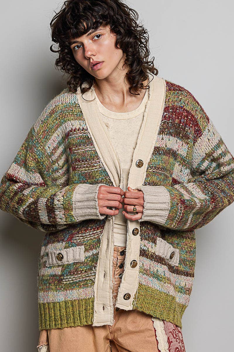 Long Sleeve Double Gauze Color Block Cardigan Sweater Top