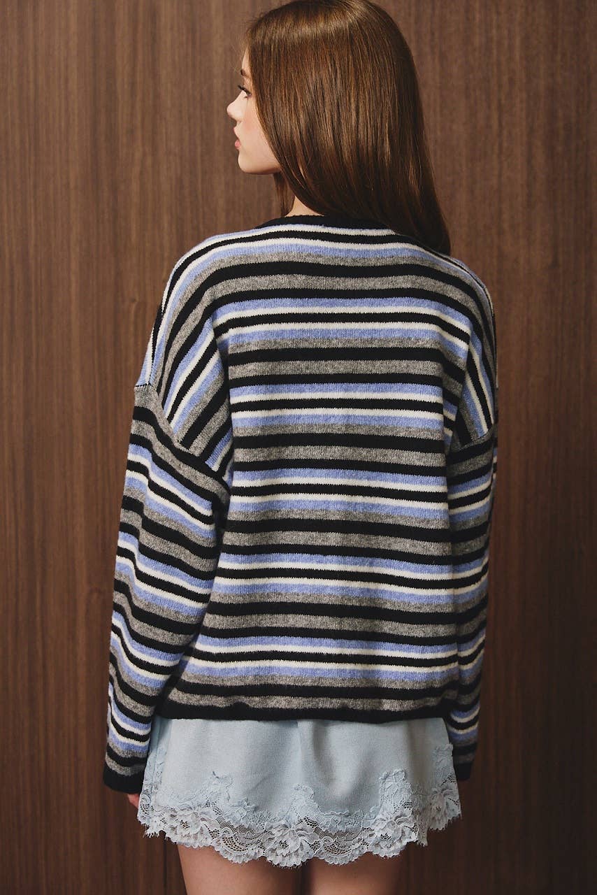 LONG SLEEVE CREW NECK MULTI STRIPE SWEATER CARDIGAN