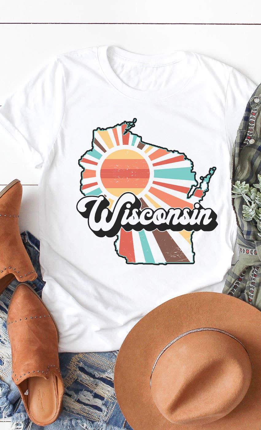 Wisconsin, Retro, Vintage, Sun Rays, State Pride Outline Tee: Ash Gray
