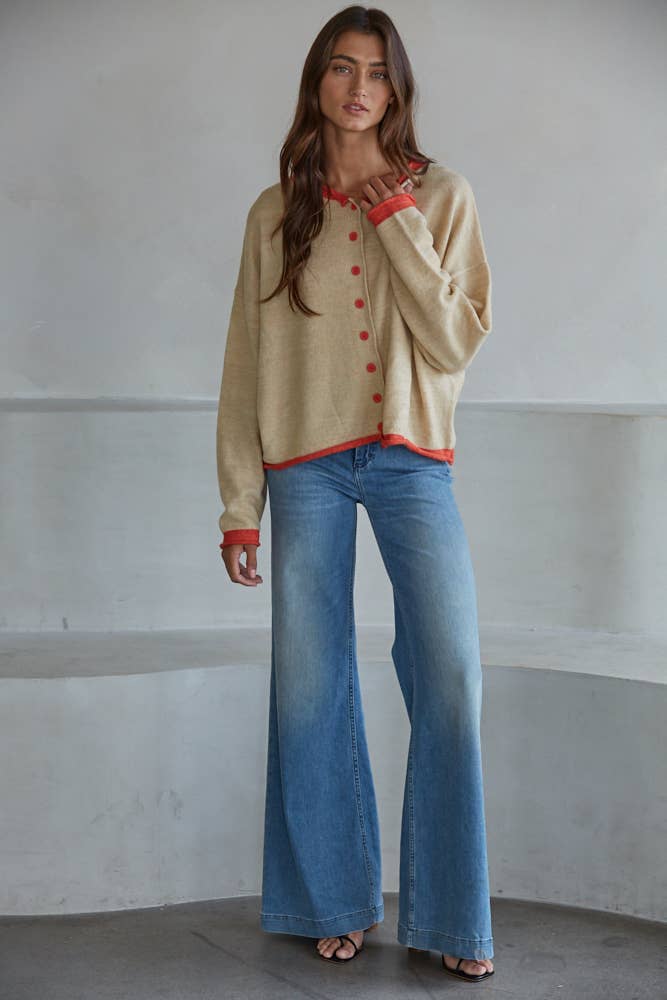 Knit Polyester Acrylic Sweater Crew Neck Cardigan
