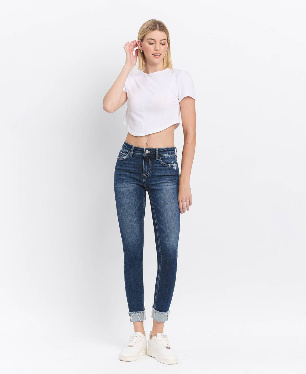 MID RISE DARK WASH CUFFED SKINNY JEANS