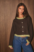 Contrast Trim Crew Neck Knit Cardigan Sweater