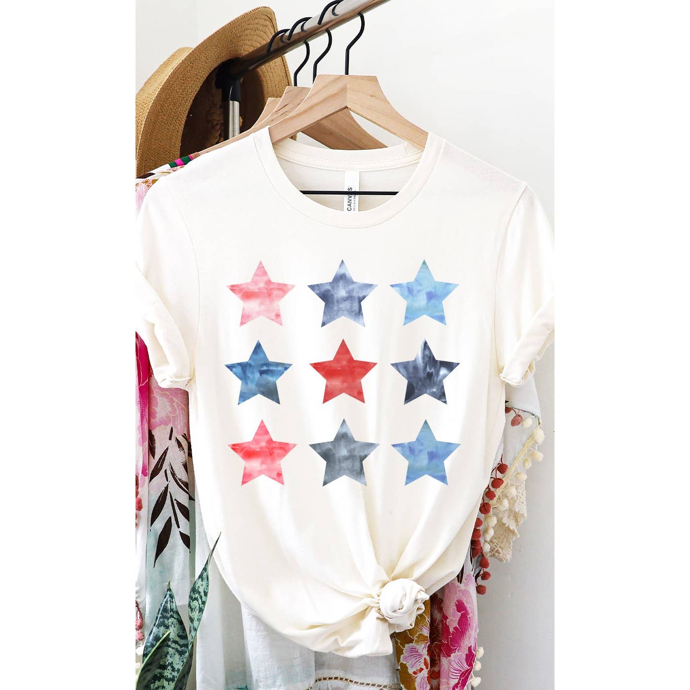 Watercolor Patriotic Star Grid Graphic Tee: Cream