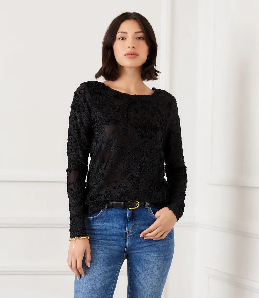 Karen Kane: Long Sleeve Velvet Jacquard Shirttail Top