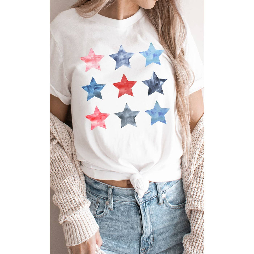 Watercolor Patriotic Star Grid Graphic Tee: Cream