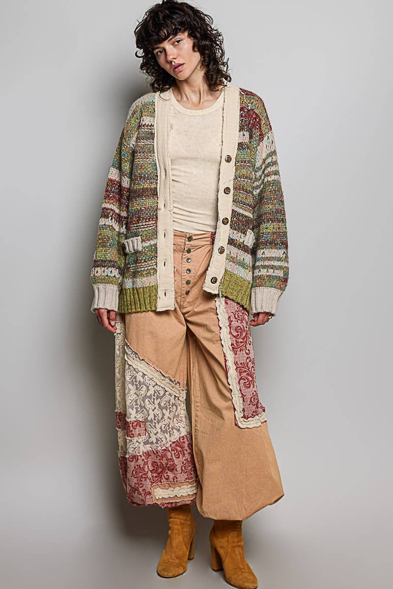 Long Sleeve Double Gauze Color Block Cardigan Sweater Top