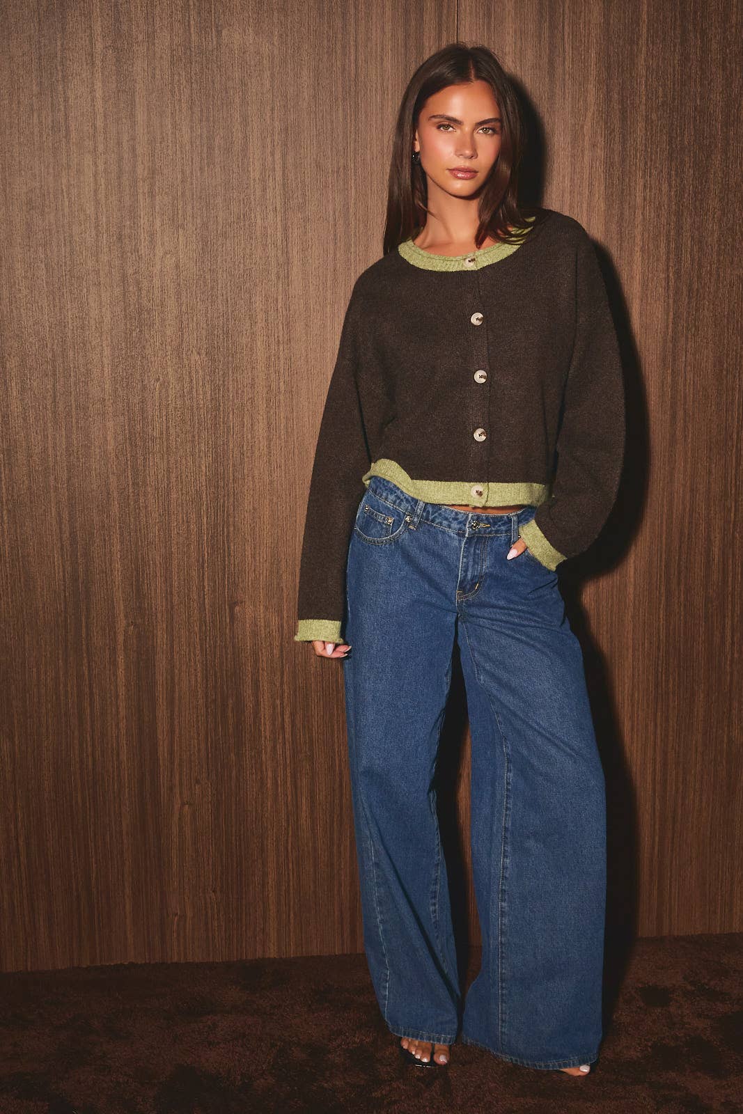 Contrast Trim Crew Neck Knit Cardigan Sweater