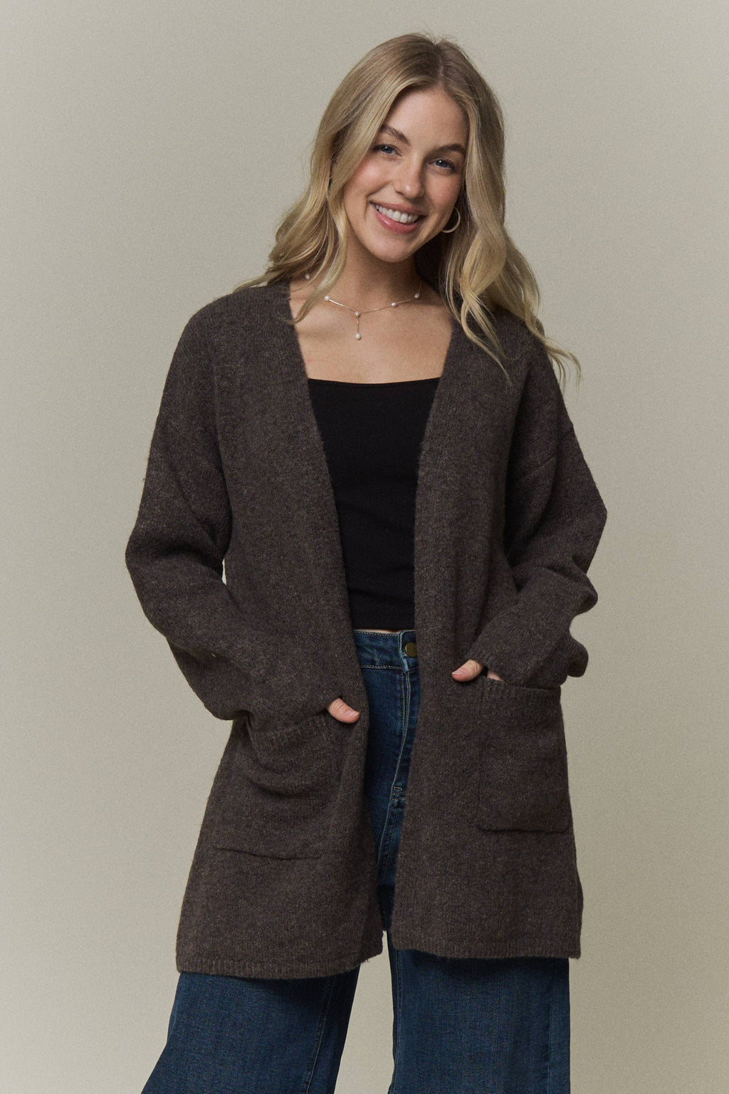 WAIST TIE OPEN-FRONT KNIT CARDIGAN