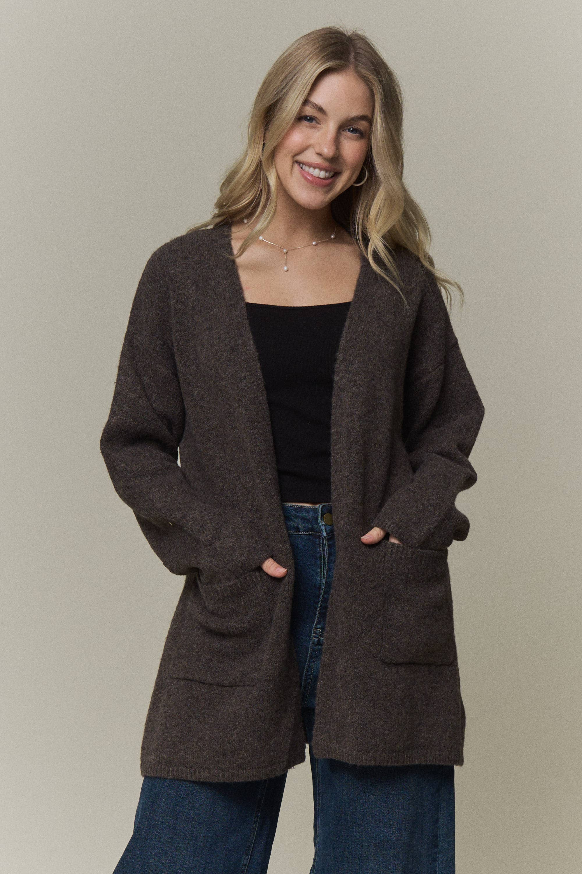 WAIST TIE OPEN-FRONT KNIT CARDIGAN
