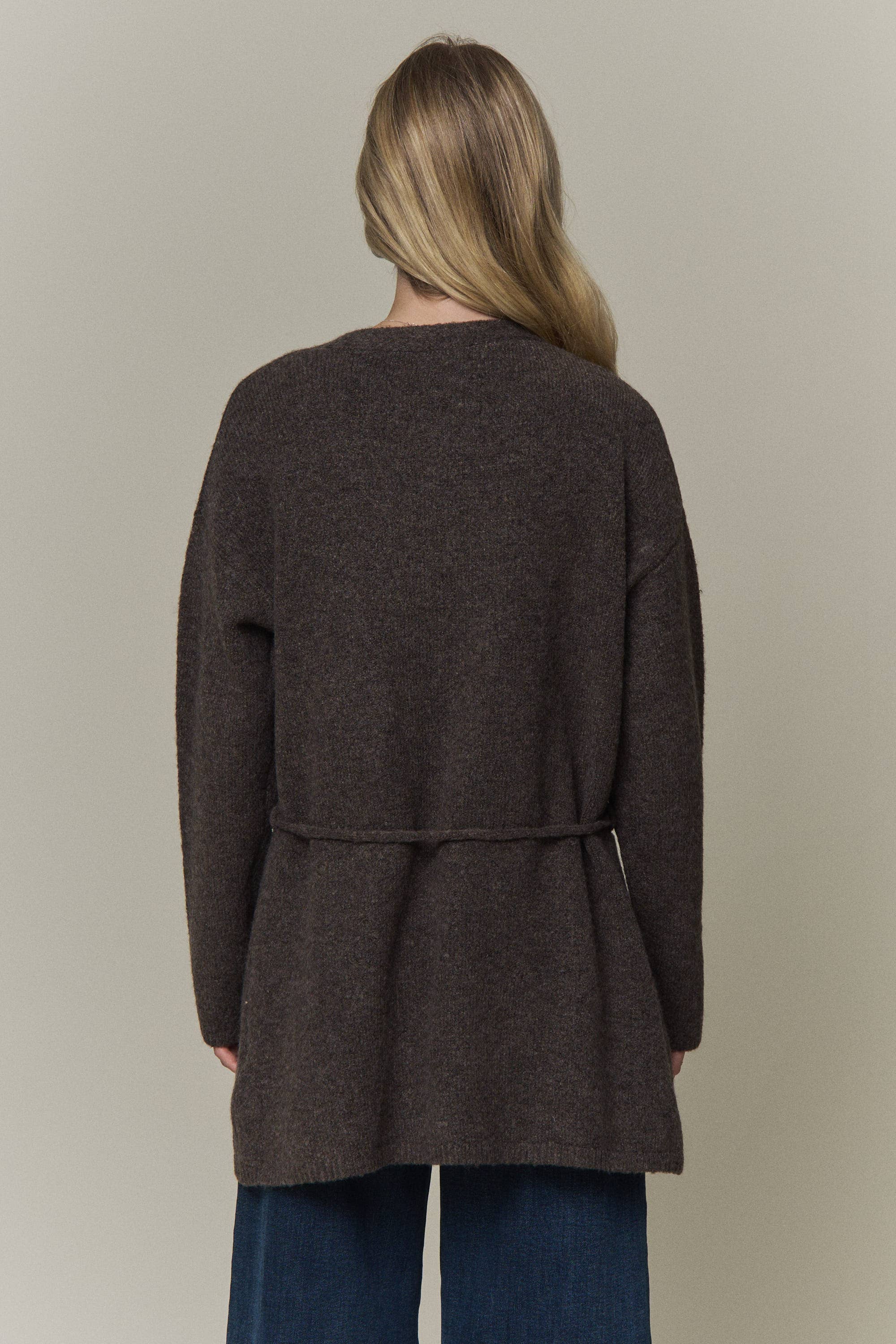 WAIST TIE OPEN-FRONT KNIT CARDIGAN