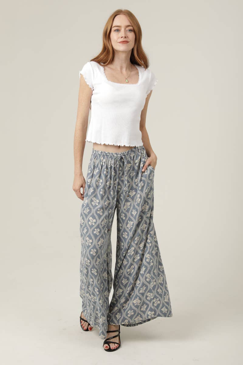 PRINTED WIDE LEG ELASTIC WAISTBAND PANTS