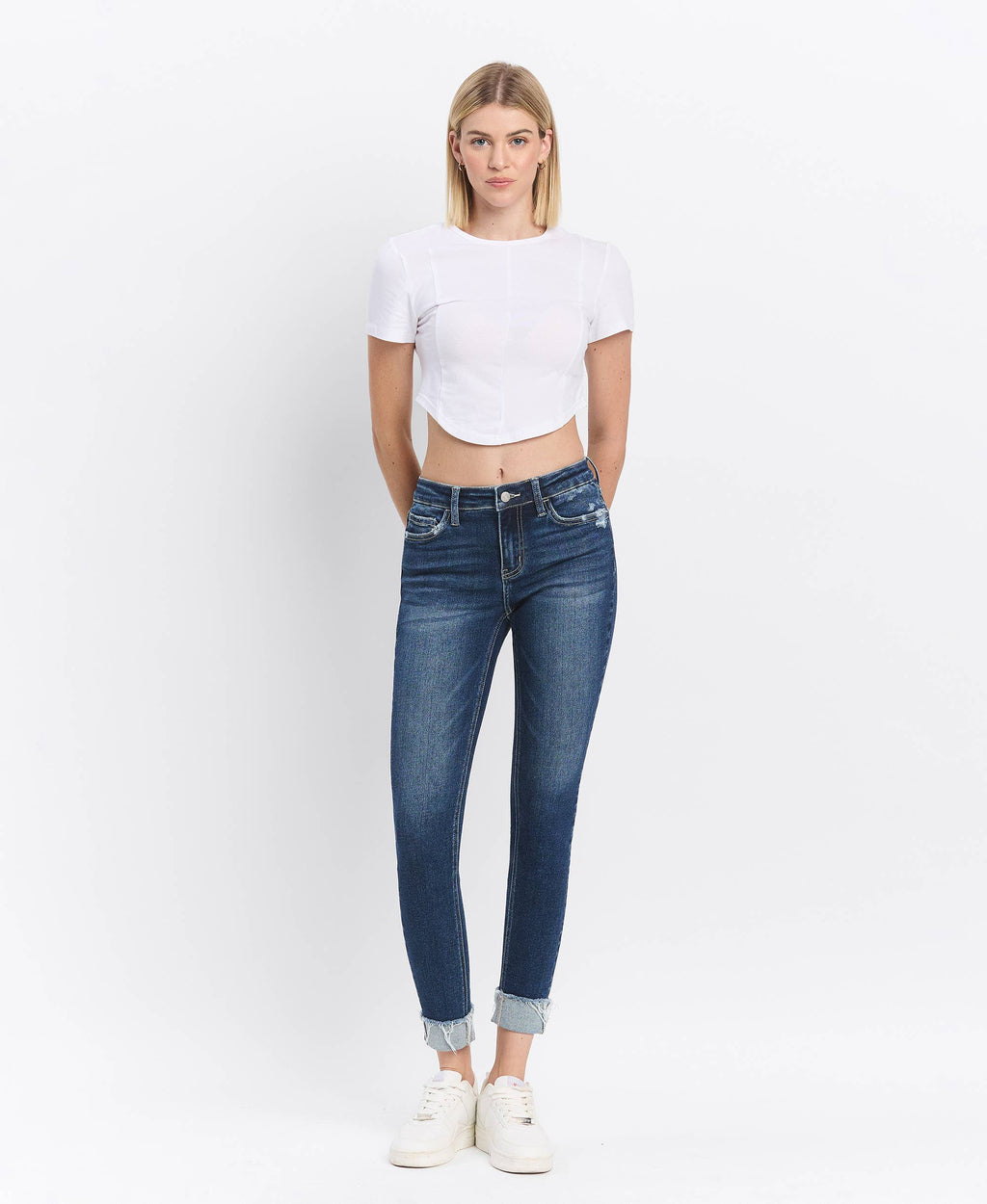 MID RISE DARK WASH CUFFED SKINNY JEANS