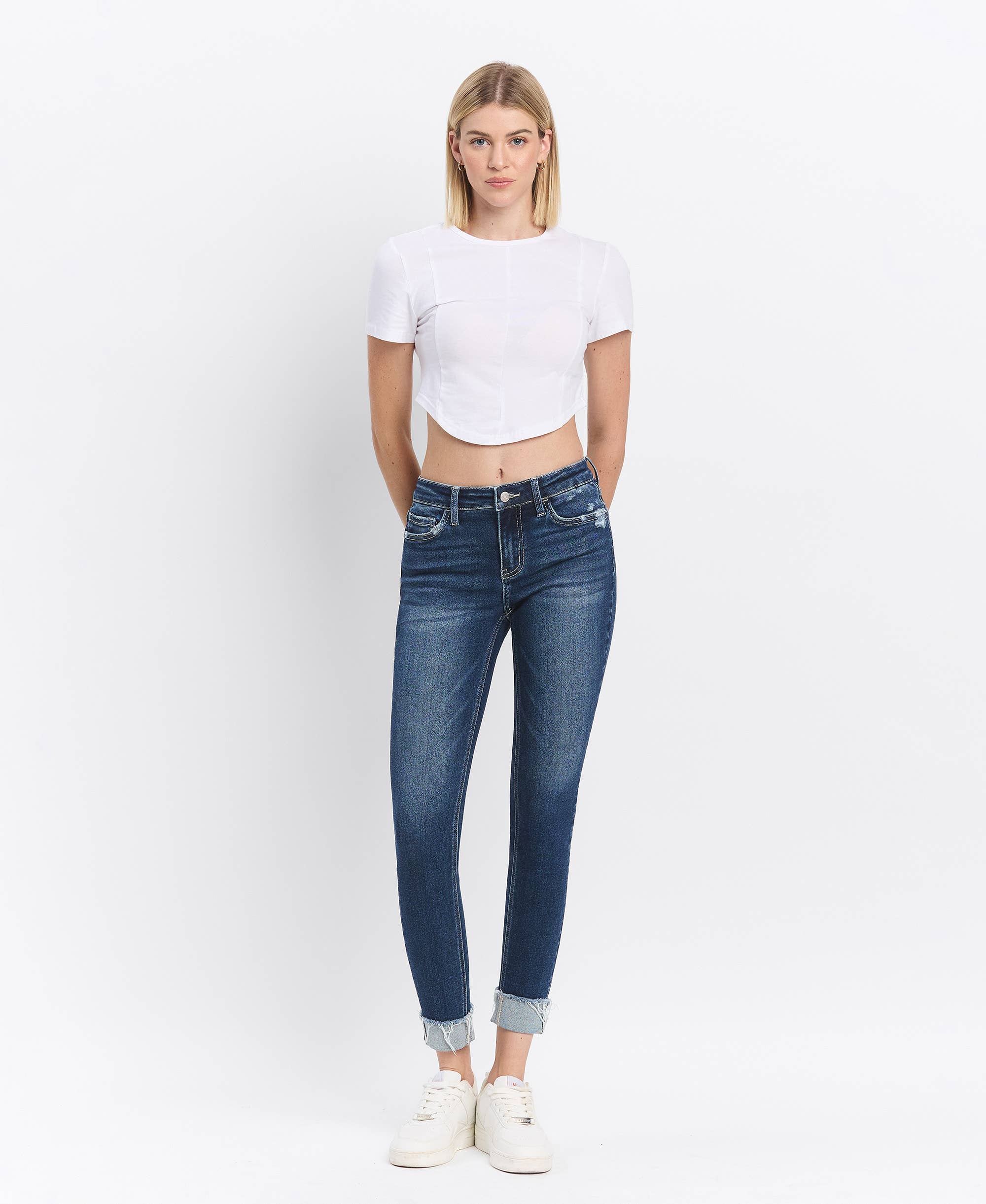 MID RISE DARK WASH CUFFED SKINNY JEANS