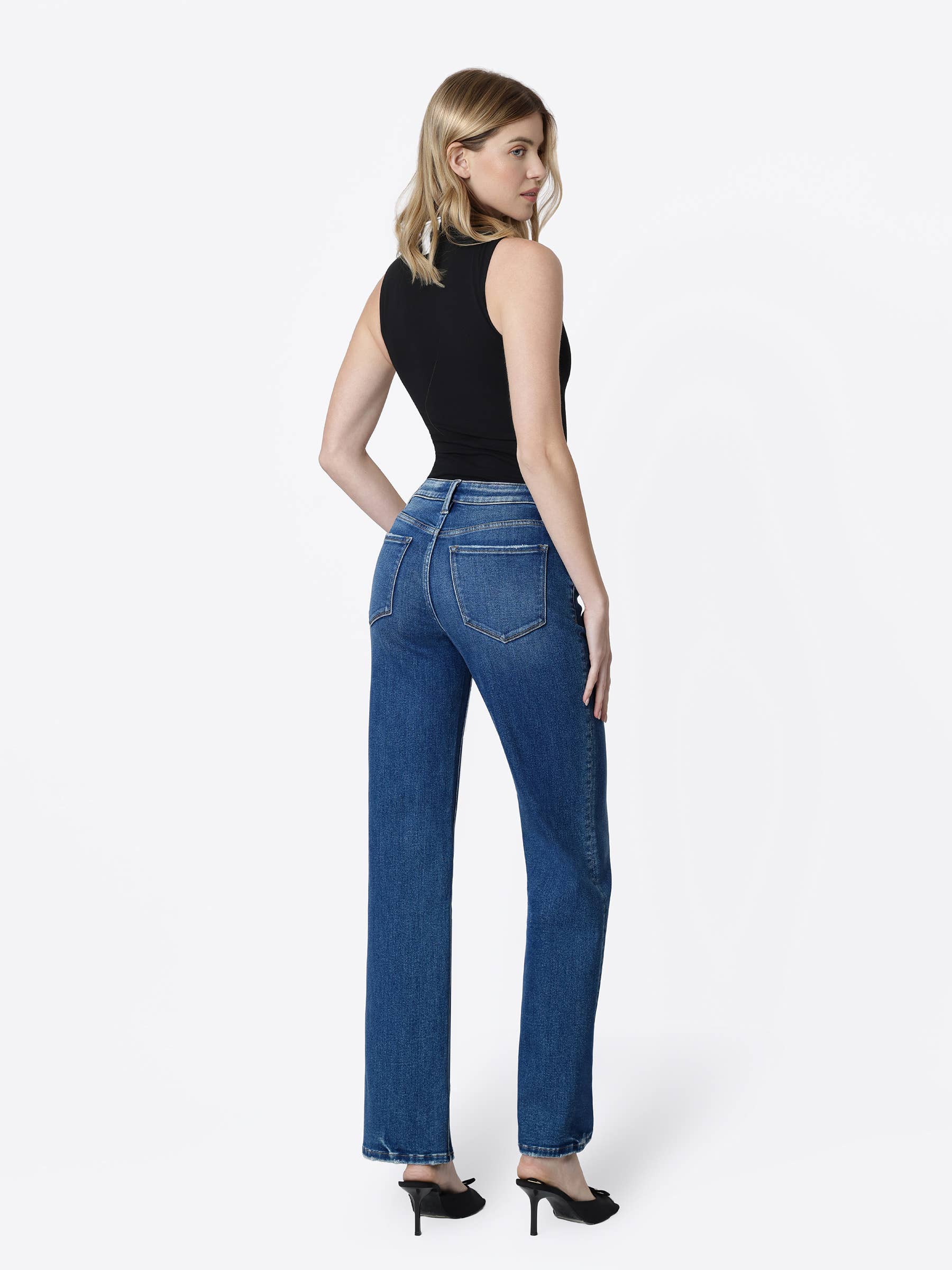 HIGH RISE FULL LENGTH DARK WASH SLIM WIDE JEANS