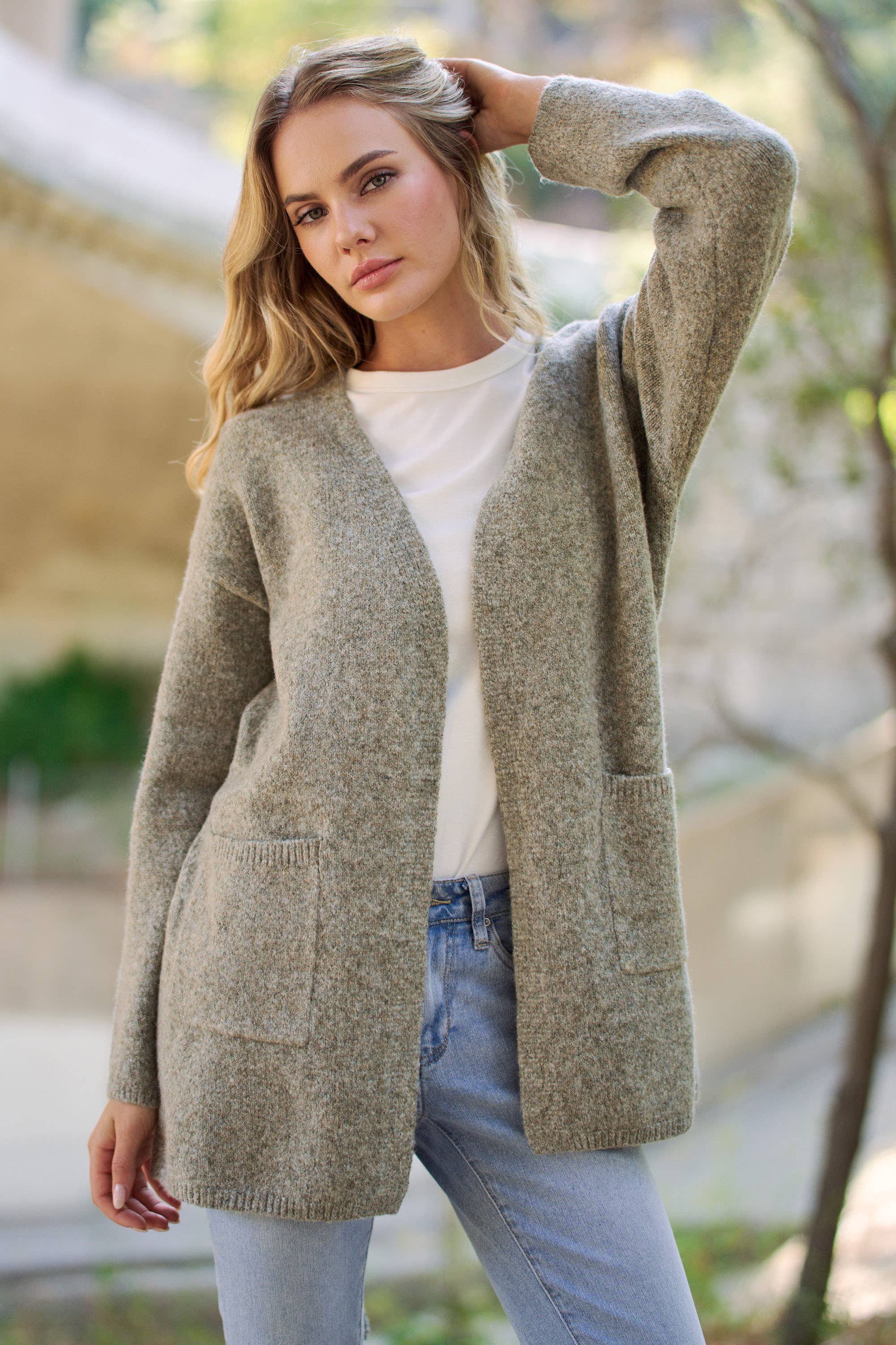 WAIST TIE OPEN-FRONT KNIT CARDIGAN