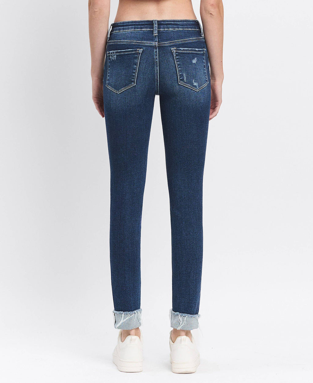 MID RISE DARK WASH CUFFED SKINNY JEANS