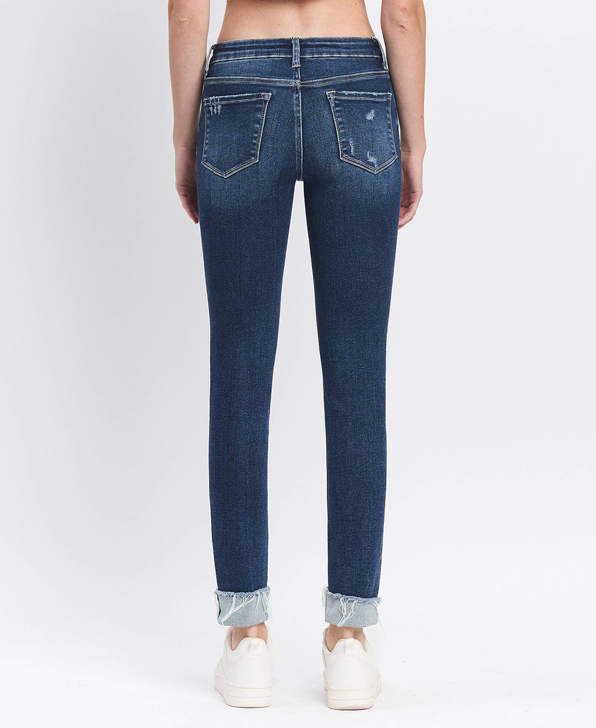 MID RISE DARK WASH CUFFED SKINNY JEANS