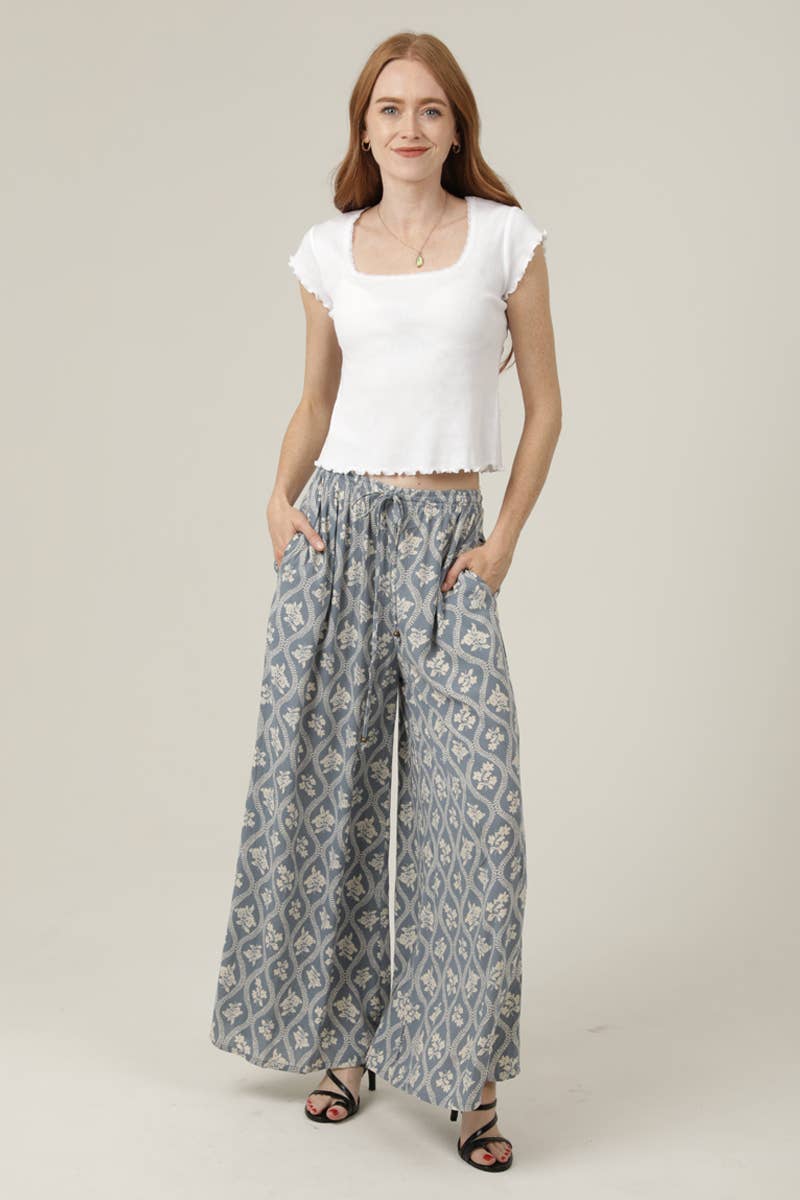 PRINTED WIDE LEG ELASTIC WAISTBAND PANTS