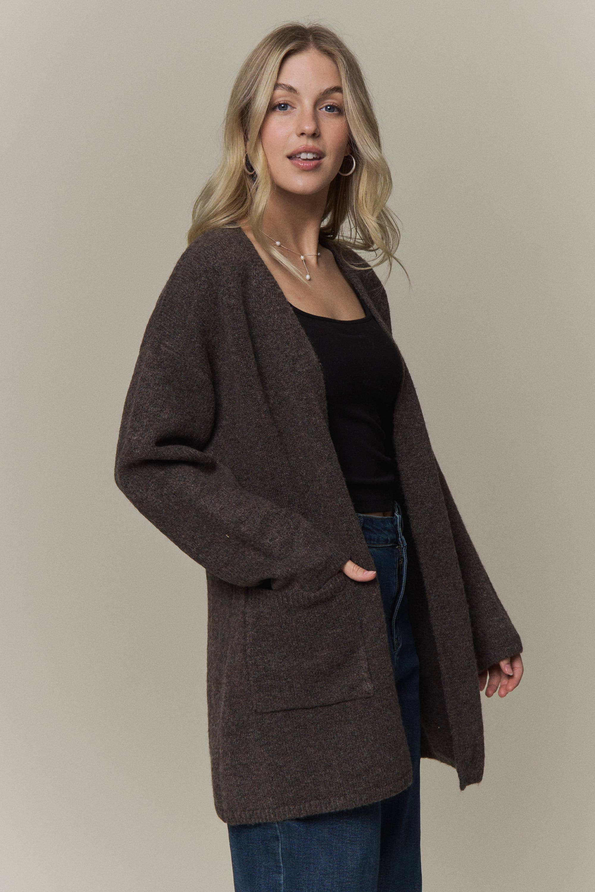 WAIST TIE OPEN-FRONT KNIT CARDIGAN