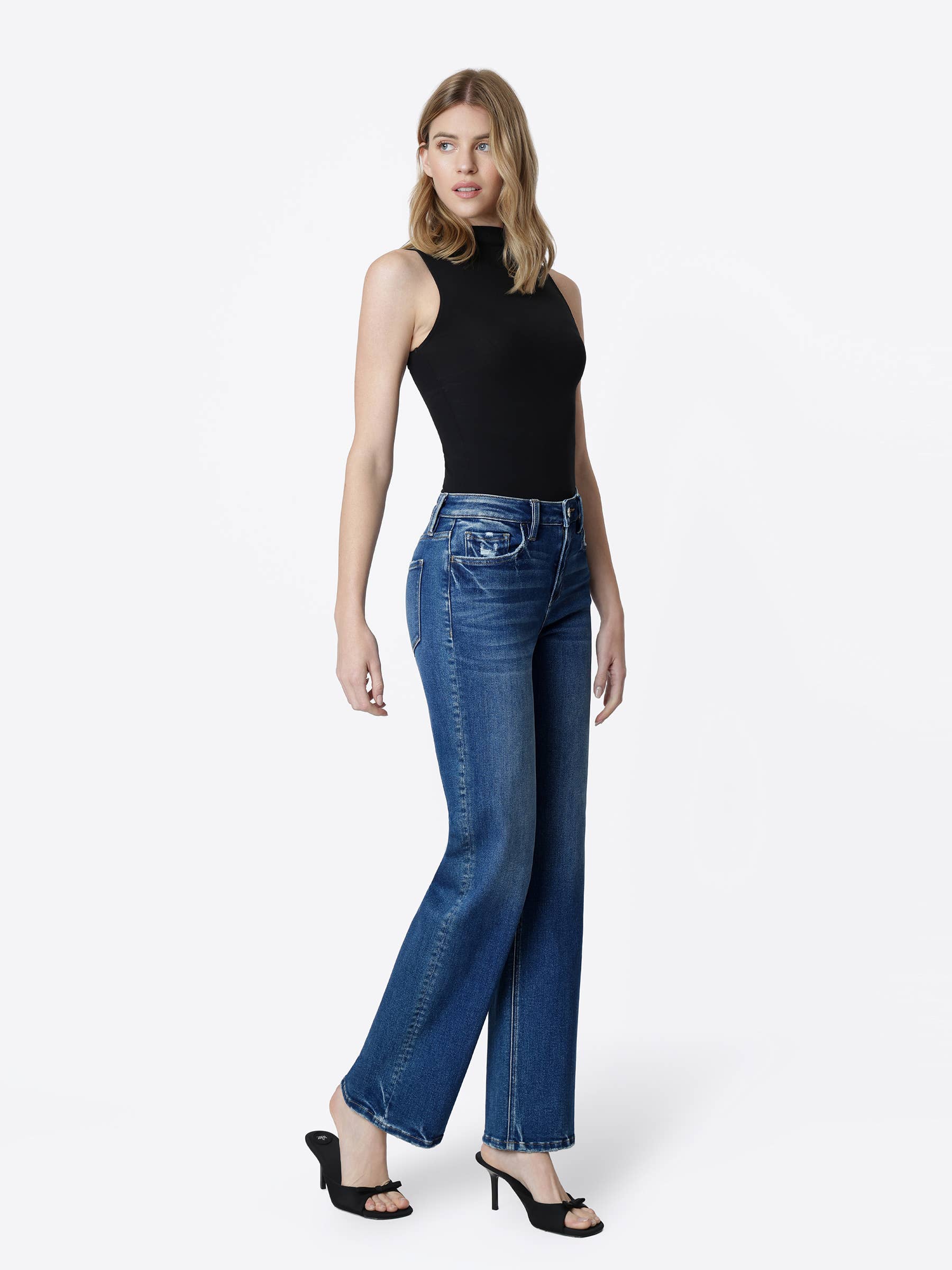 HIGH RISE FULL LENGTH DARK WASH SLIM WIDE JEANS