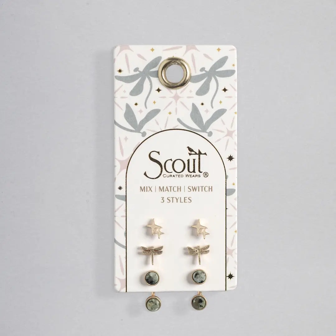 Scout: Stud Trio Ear Jacket Set - Dragonfly/African Turquoise/Gold