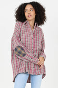 Angie:  Plaid Elbow Patch Button Front Shirt