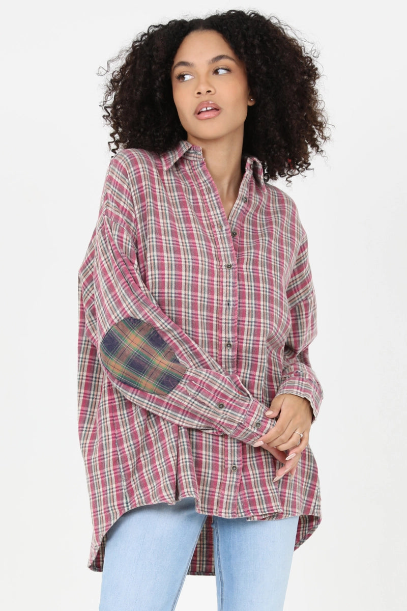 Angie:  Plaid Elbow Patch Button Front Shirt