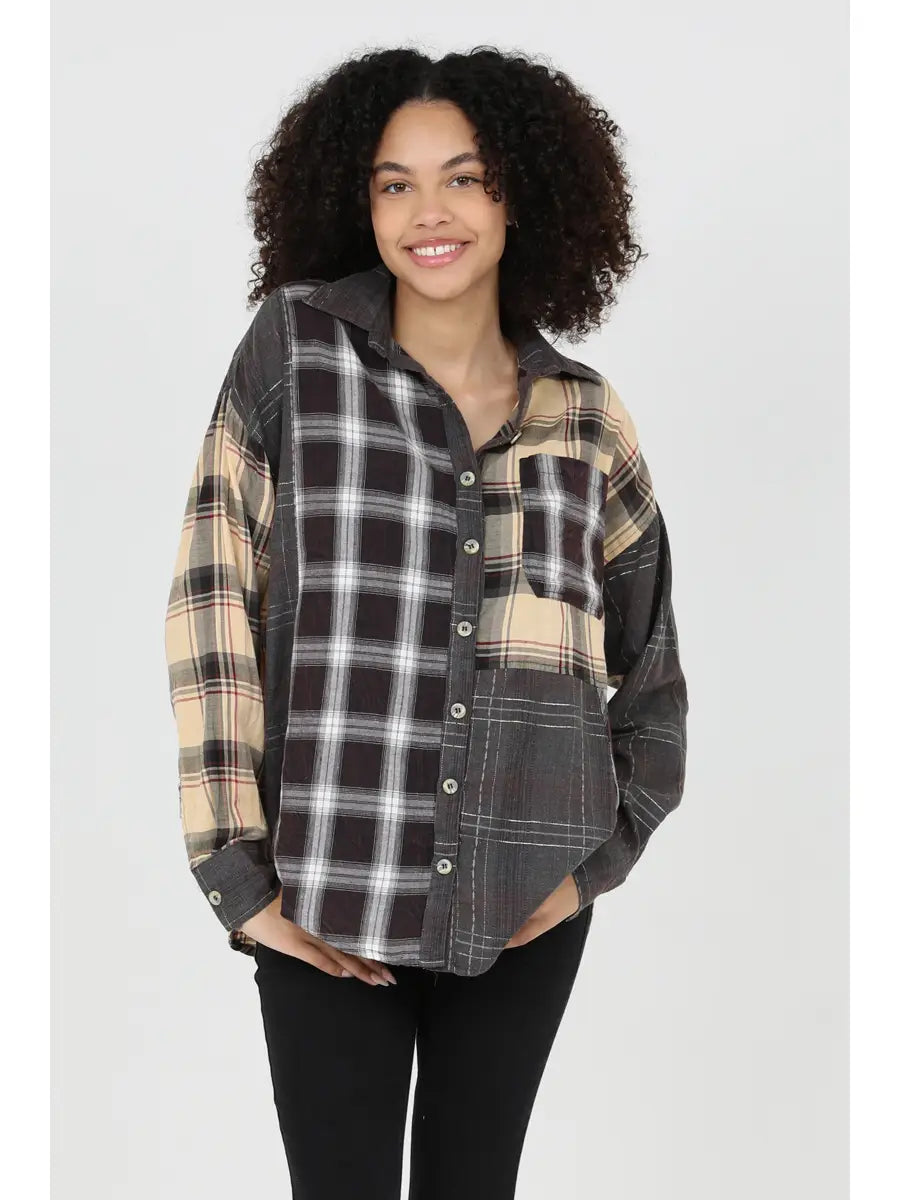 Angie: Mixed Plaid Button Front