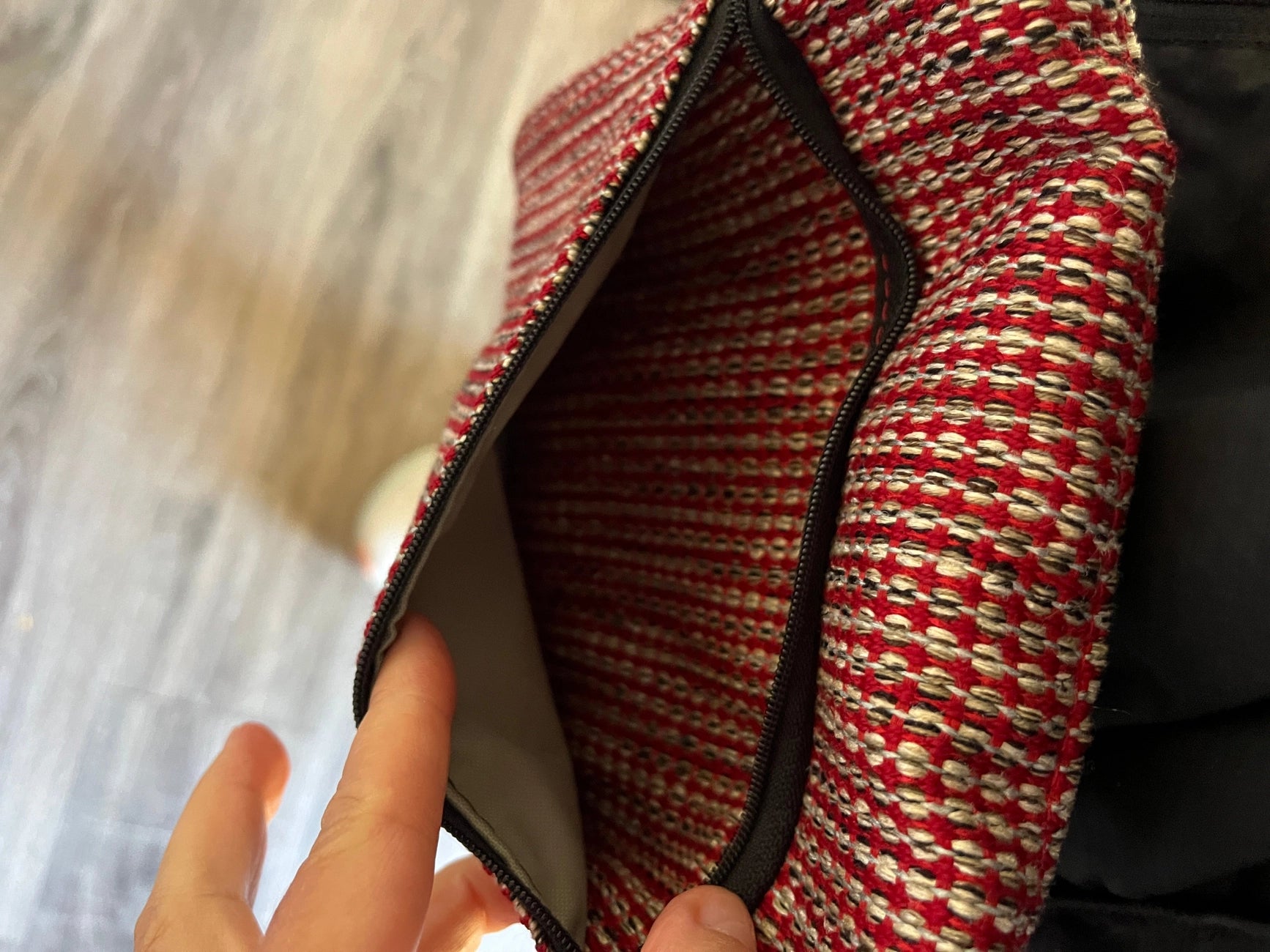 OlovesM: 3 Zip Red Cross Body Purse-Geometric Home Dec Fabric