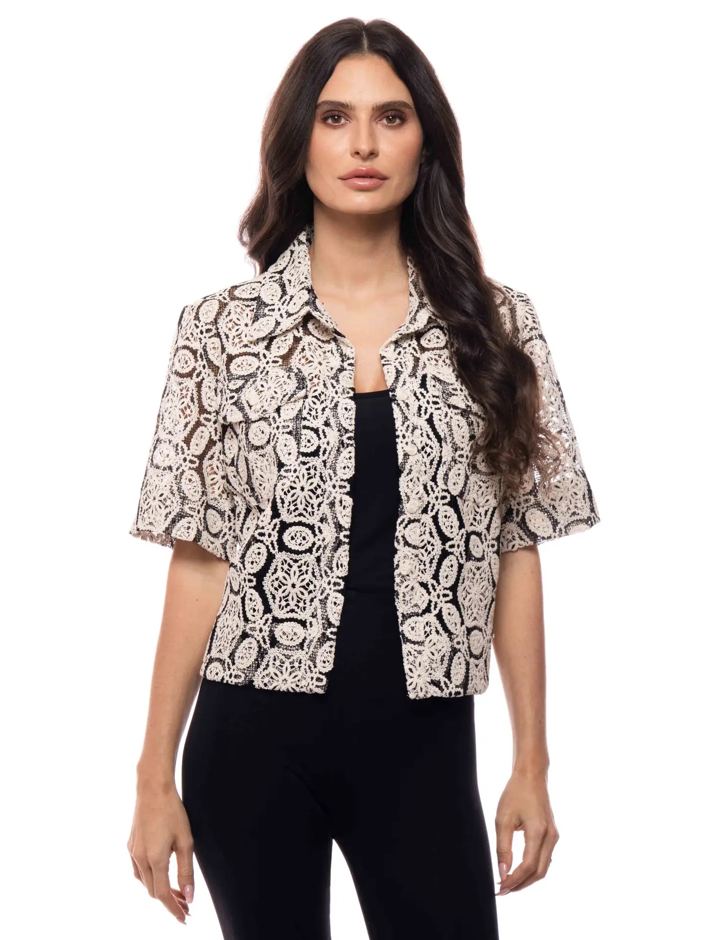 Adore:  Short Sleeve Crochet Lace Button-Down Top