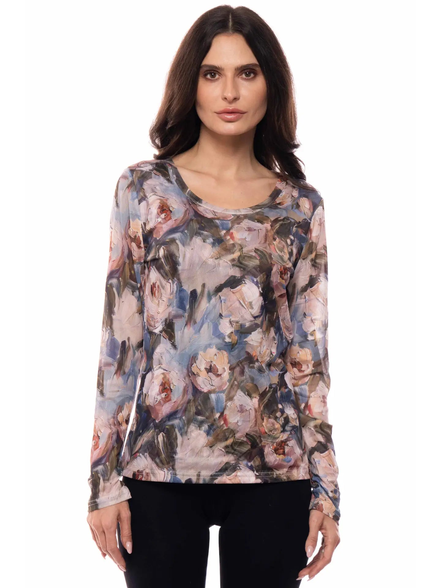 Adore: Painterly Rose Long Sleeve Mesh Top