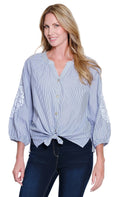 Multiples: 3/4 Sleeve Tie Waist Embroidered Shirt