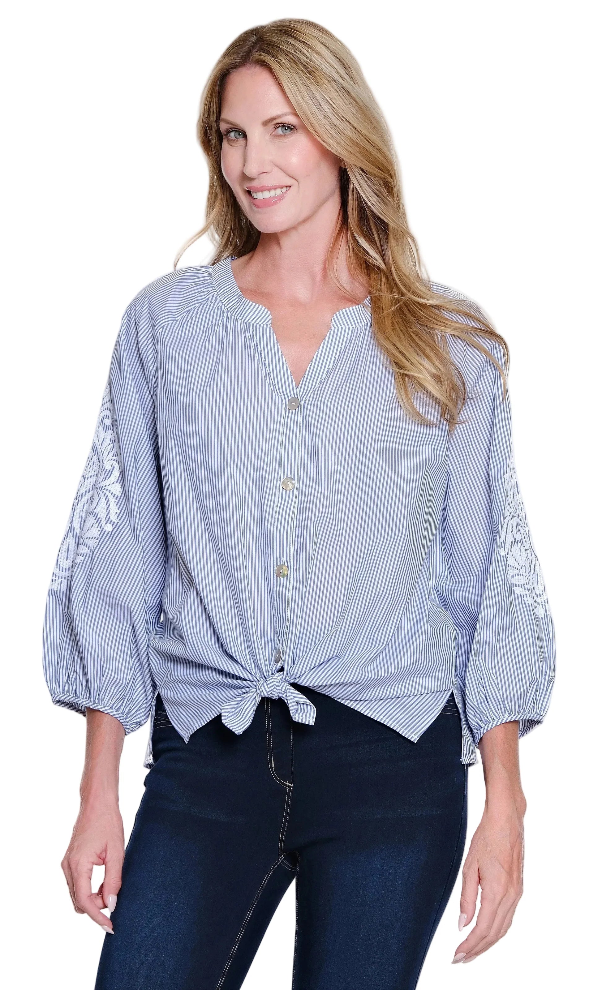 Multiples: 3/4 Sleeve Tie Waist Embroidered Shirt