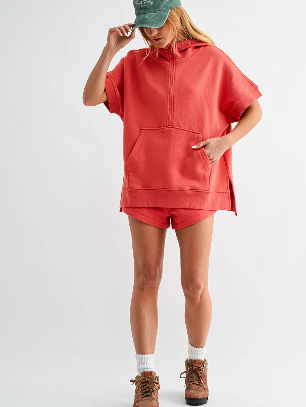 Malibu Summit Short Sleeve Half-Zip Hoodie: BLUSHED BRICK