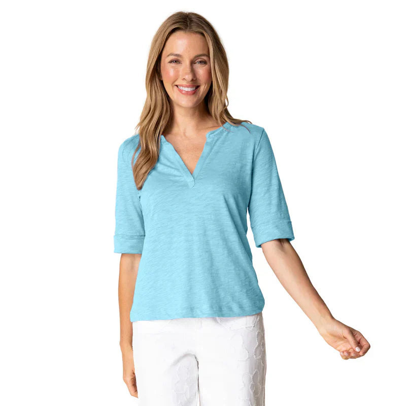 Habitat: Peruvian Textured Cotton Split Collar Elbow Sleeve Tee