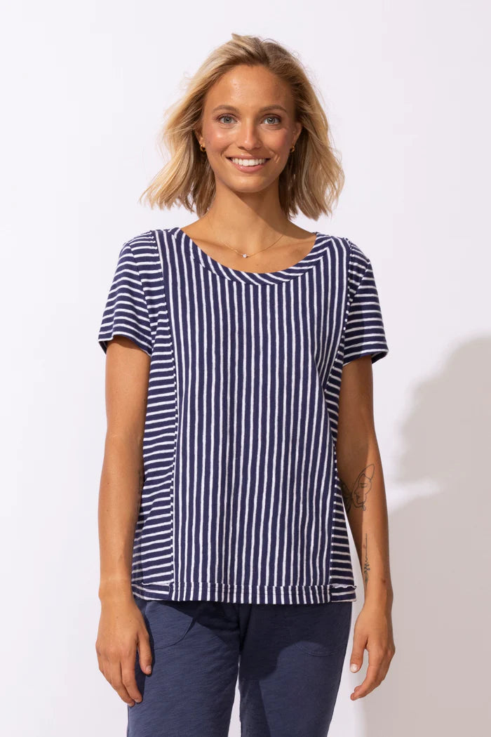 Escape: Santa Barbara Stripe Cap Sleeve Tee-Navy