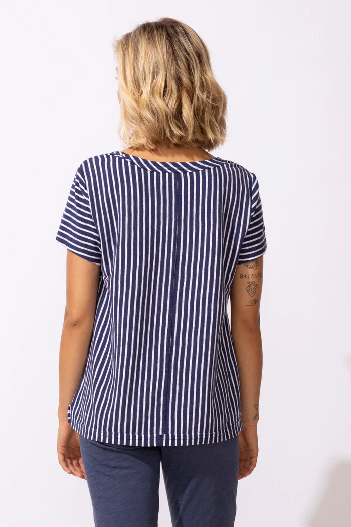Escape: Santa Barbara Stripe Cap Sleeve Tee-Navy