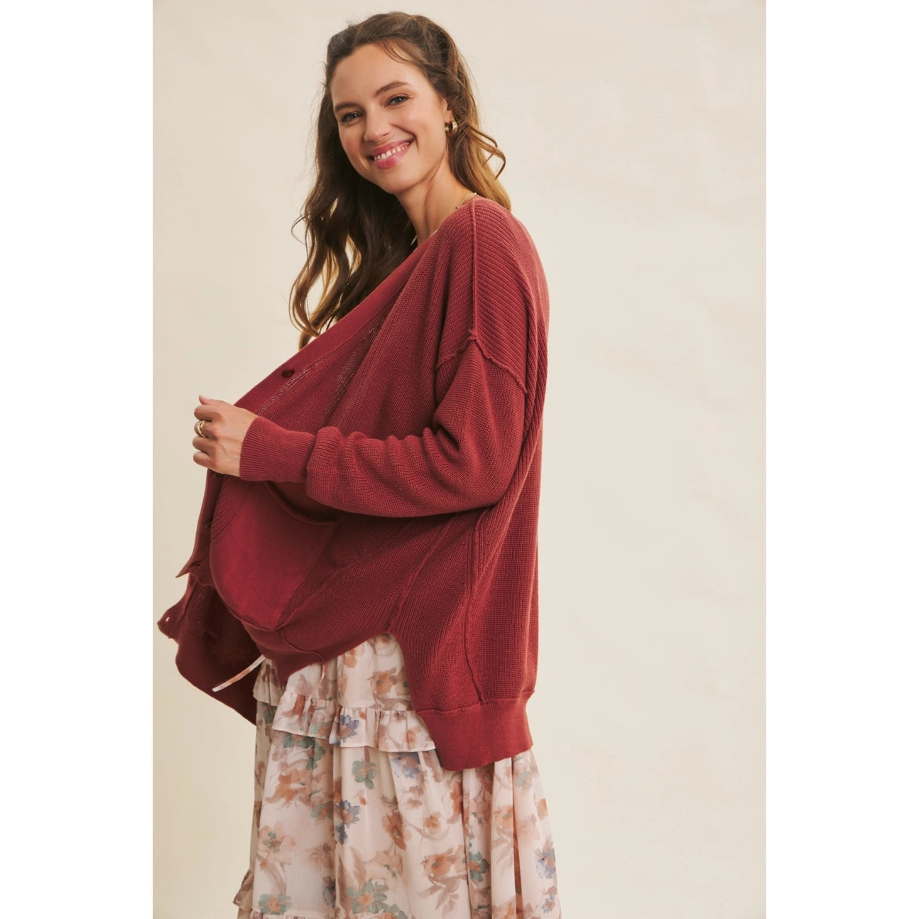 Slouchy Charm Button-Down Cardigan with Contrast Weave