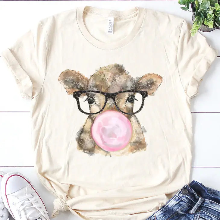 Western Farm Cow Pink Bubble Gum with Glasses Graphic Tee
