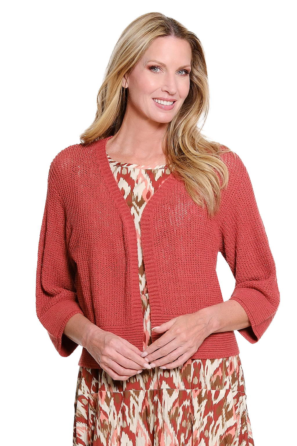Multiples: 3/4 Sleeve Drop Shoulder Open Front Sweater Cardigan