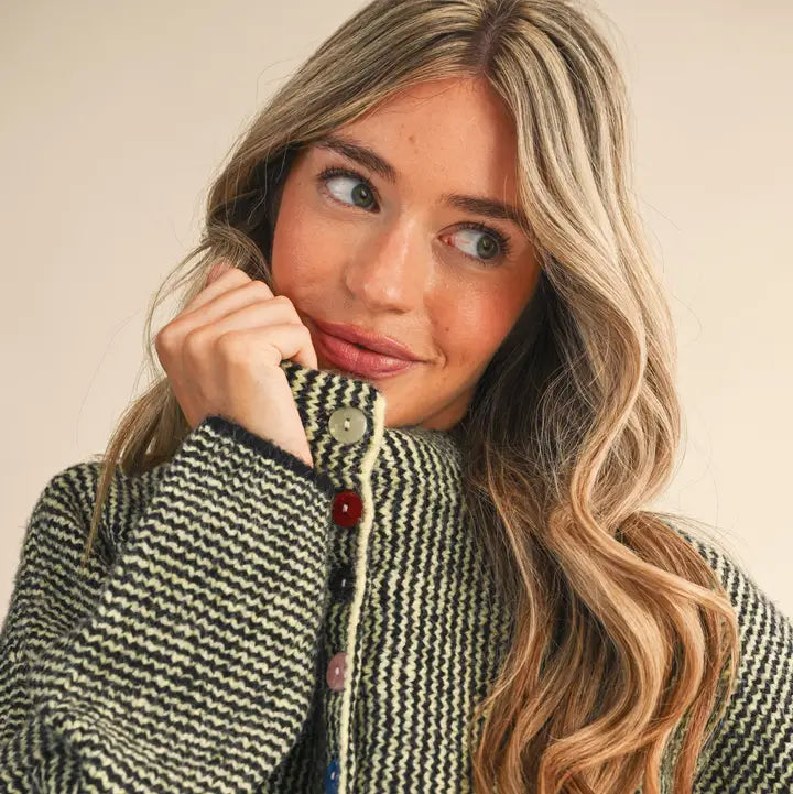 Striped Sweater Cardigan with Colorful Buttons