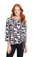 Multiples: 3/4 RUFFLE SLEEVE SCOOP NECK FAUX BUTTON BACK SOLID SLUB CRINKLE WOVEN TOP