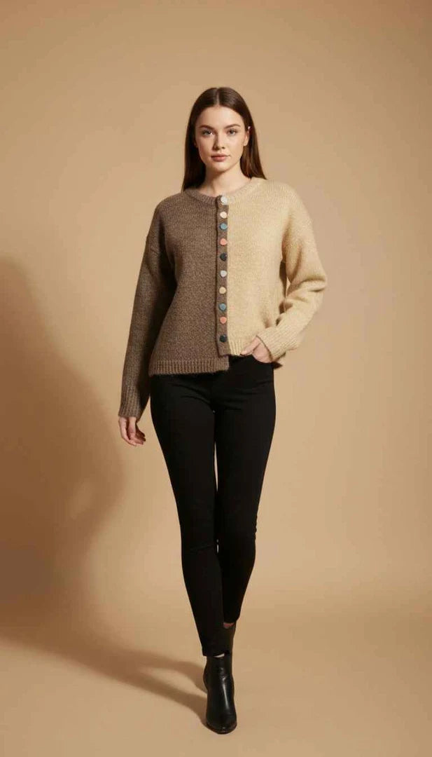 Women Button -Up Cardigan Sweater in Brown & Beige Contrasting