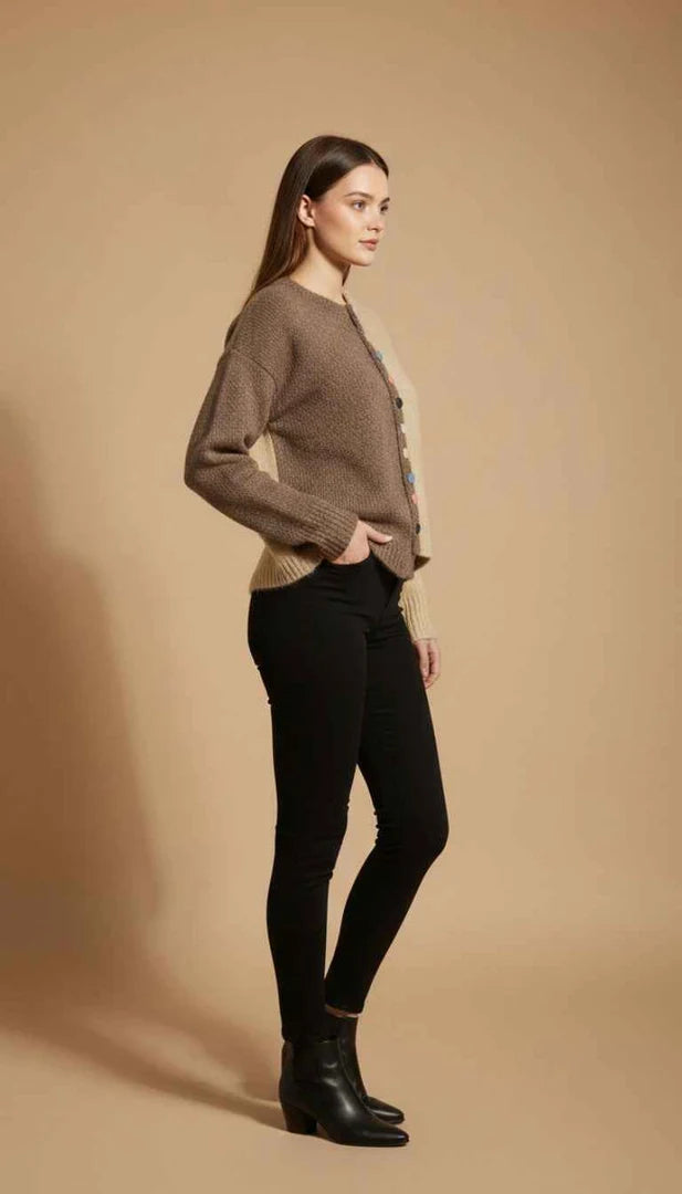 Women Button -Up Cardigan Sweater in Brown & Beige Contrasting